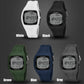 Sports pedometer watches set in white, black, green, blue, and gray