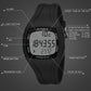 Close-up of black sports pedometer watch face with buttons and digital time