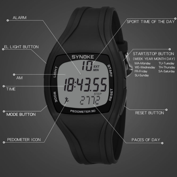 Close-up of black sports pedometer watch face with buttons and digital time