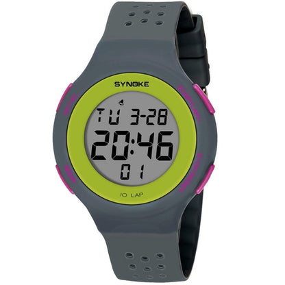 Gray silicone sports LED watch with green digital face and pink side accents
