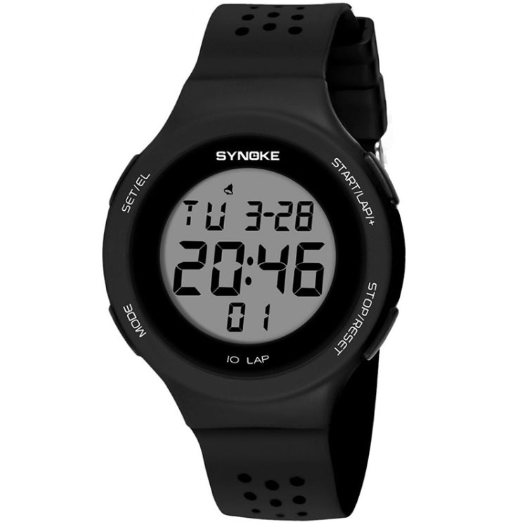 Black silicone sports LED watch with digital display and textured strap perforations