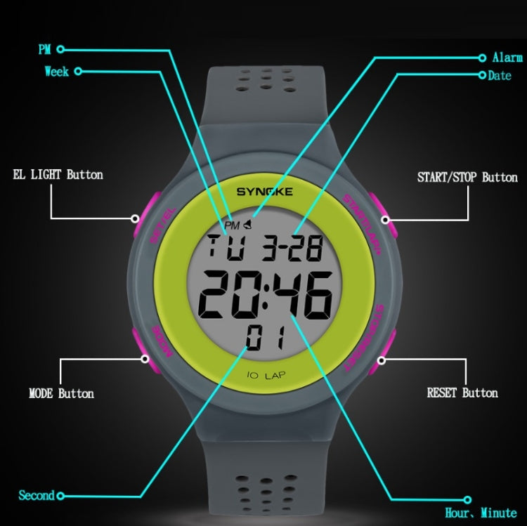 Gray silicone sports LED watch with green digital face and pink side trim, labeled buttons