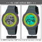 Gray silicone sports LED watch showing green digital time with pink side accents