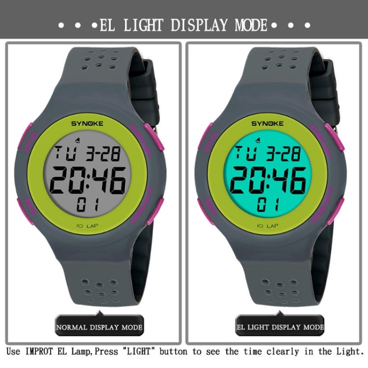 Gray silicone sports LED watch showing green digital time with pink side accents