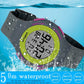 Gray silicone LED sports watch with green digital face, splashproof design