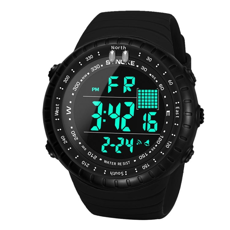Black digital sports watch with luminous time display and day/date indicators
