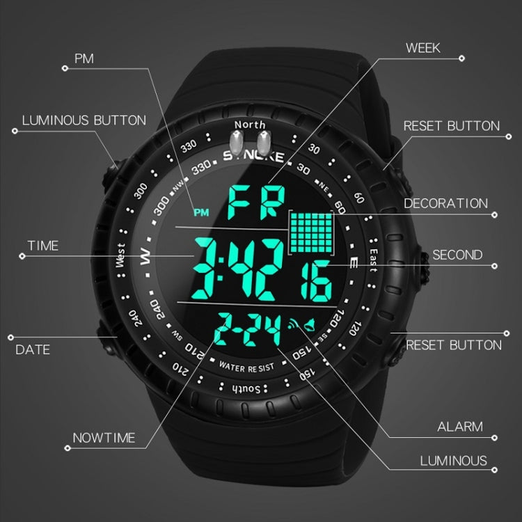 Black digital sports watch featuring luminous display and visible reset button area