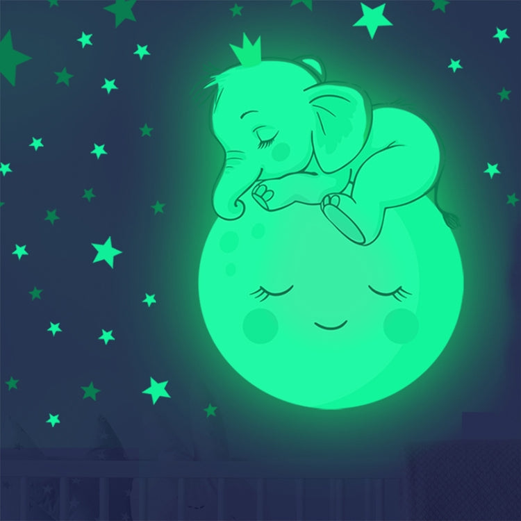 Luminous baby elephant wall sticker glowing green with stars pattern