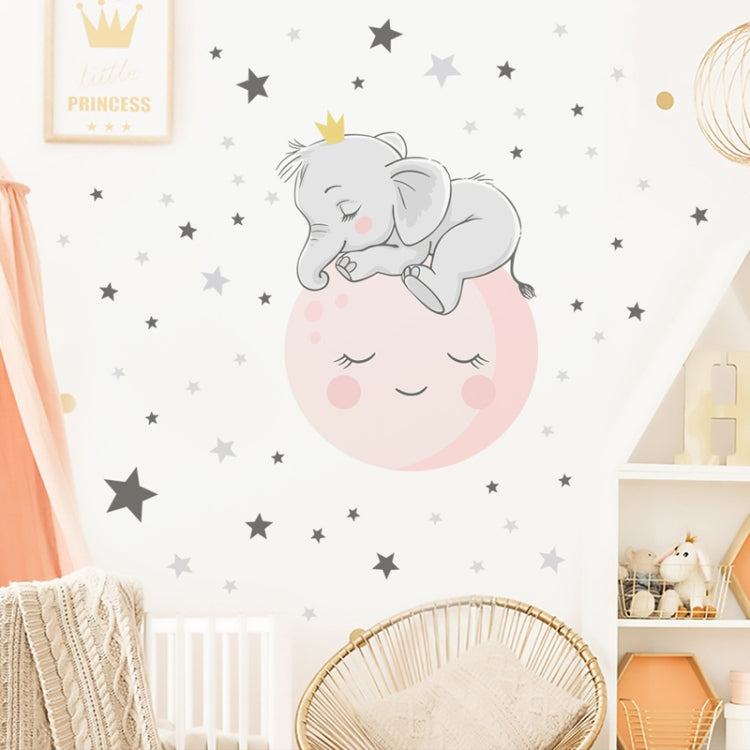 Baby elephant moon wall sticker with starry pattern for bedroom decor