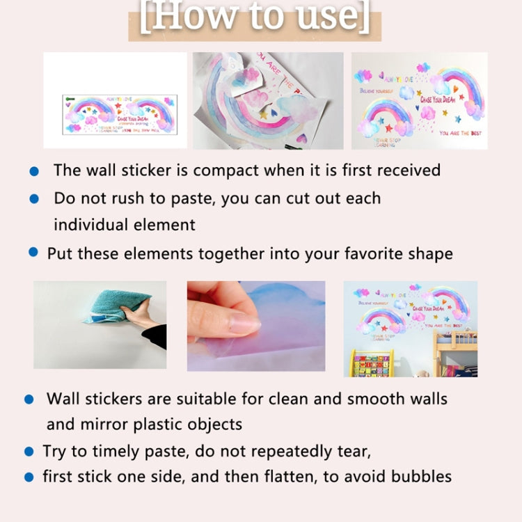 Wall sticker instructions panel showing how to cut and apply pieces to a wall