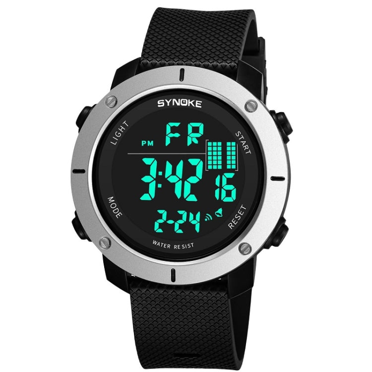 Black digital outdoor sports watch with textured silicone strap and teal LED display