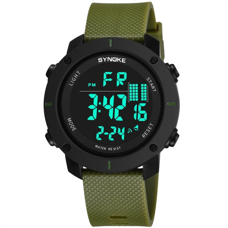 Military green digital outdoor sports watch with textured silicone strap and teal LED display