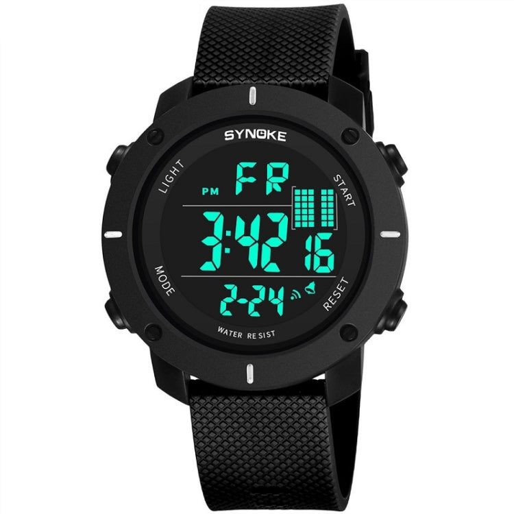 Black digital outdoor sports watch with textured silicone strap and teal LED display