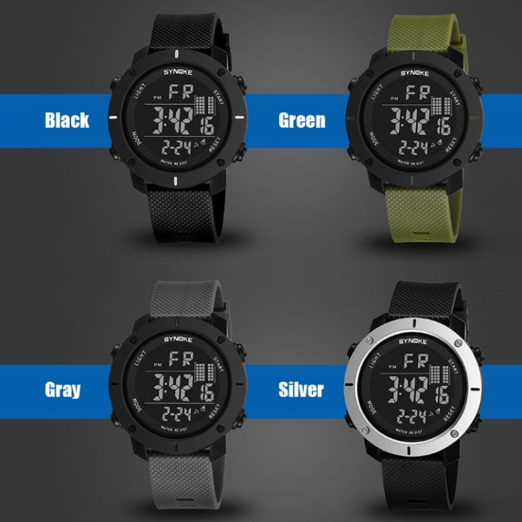 Digital sports watch set with black, green, gray, and silver straps and teal display