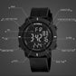 Black digital outdoor sports watch with multi-button bezel and teal digital display