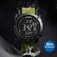 Military green digital sports watch with textured strap, teal display, 50M waterproof