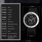 Black digital outdoor sports watch with silver bezel, textured strap, and size diagram