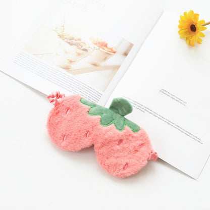 Pink strawberry plush eye mask with green leaf detail, soft sleep blackout