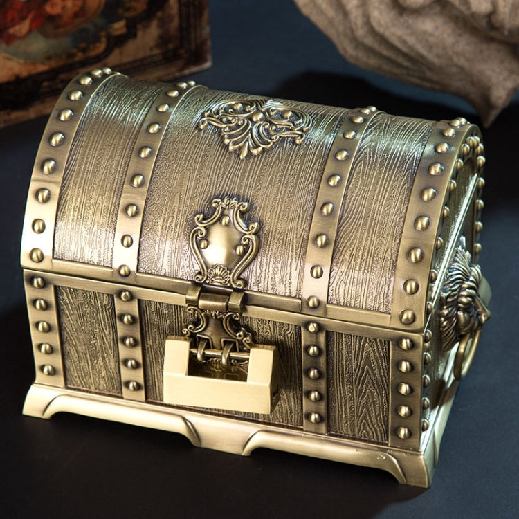 Bronze-toned metal double-layer jewel box with rivets and ornate front lock