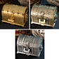 Metal jewel box with studded trim and ornate lock, shown in multiple finishes