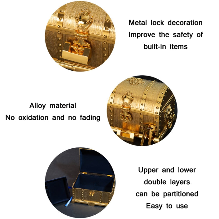 Gold metal double-layer jewel box with lock, shown with feature detail callouts