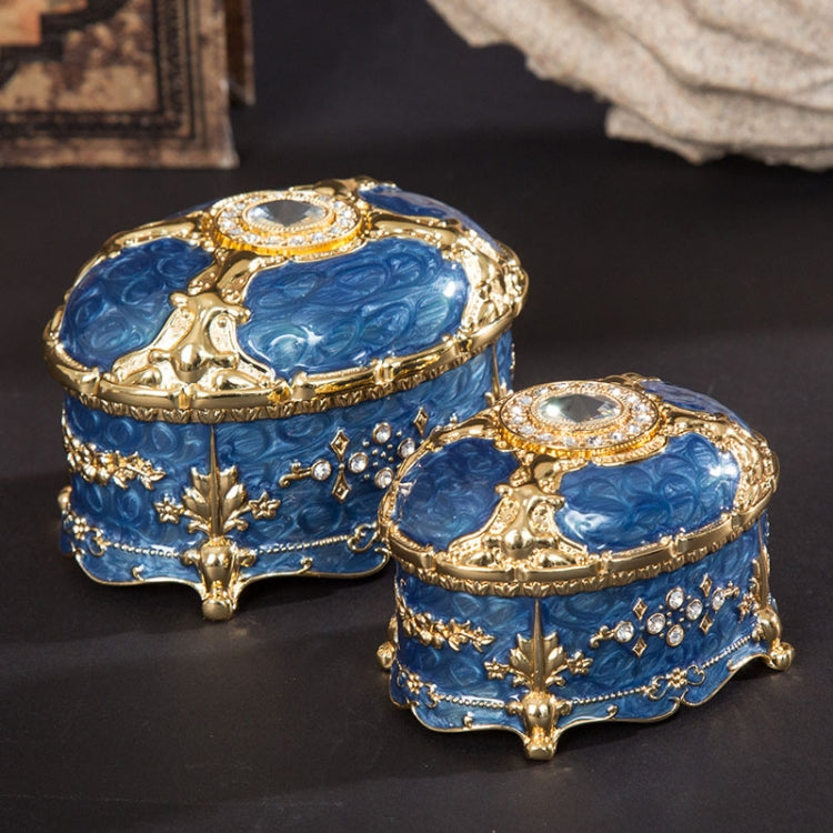 Gold-trimmed blue oval jewelry storage box with ornate diamond-style accents, set of 2