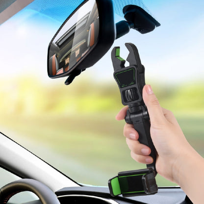 Car rearview mirror phone holder with black clip and green adjustable grips