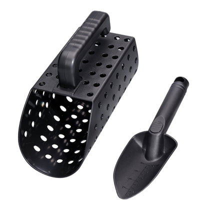 Dark plastic sand scoop and shovel set with perforated digging pan and spade