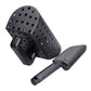 Angled black perforated sand scoop with measurement-marked shovel and long grip