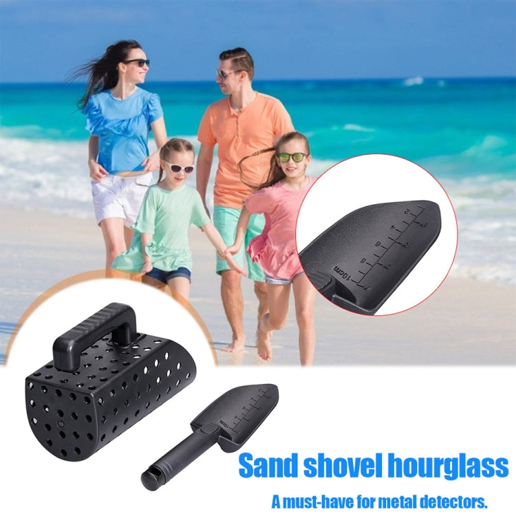 Black hourglass-style sand shovel set with perforated scoop pan and angled spade