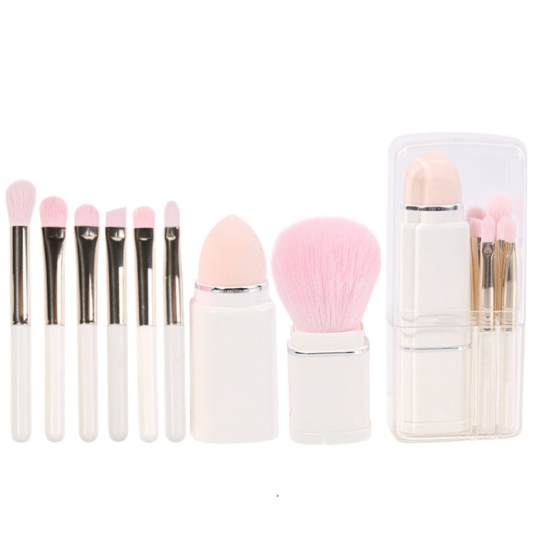Retractable mini makeup brush set with milk-white handles and blush brush in clear case