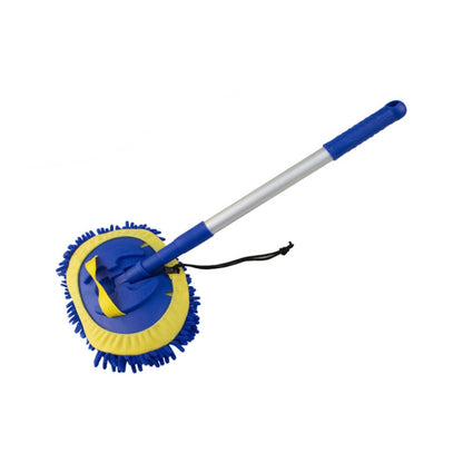 Telescopic rotary water brush mop with blue roller head and yellow trim