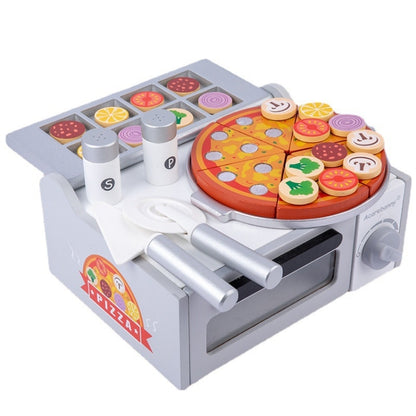 Wooden-style pizza oven playset in gray with orange toy pizza and topping pieces
