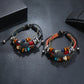 Beaded leather bracelets with circular silver charms, multicolor beads and stacked metal accents