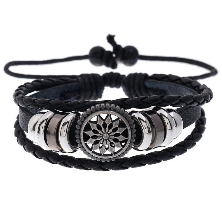 Black braided leather adjustable bracelet with round flower medallion and silver beads