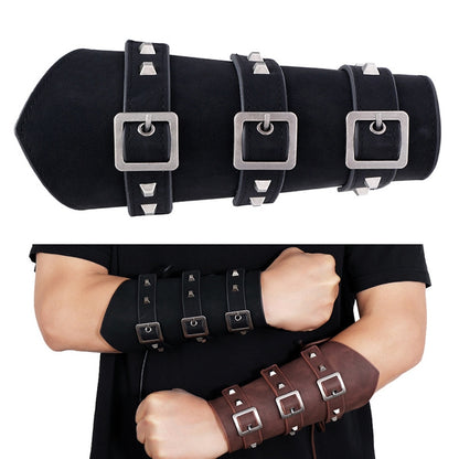 P01994 Men Leather Bracer Personality Punk Riding Arm Guard, Geometry Rivet