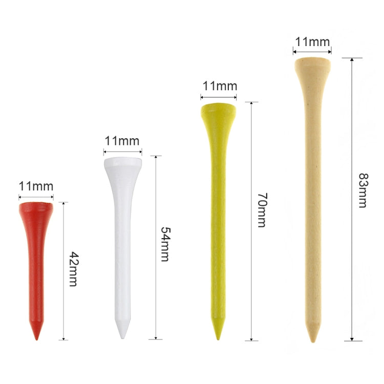 Golf wooden ball tees sizes shown: 42mm, 54mm, 70mm, 83mm
