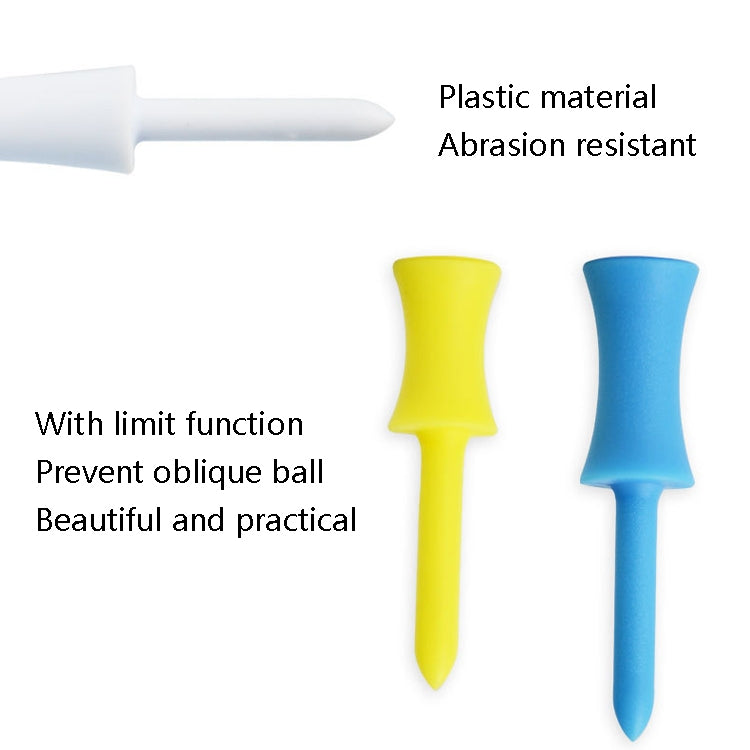 Plastic needle golf tees with limit function; abrasion resistant, shown in blue and yellow