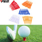 Assorted plastic golf ball tees in multiple colors, with golf ball on a red tee