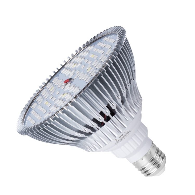 Angled view of LED plant growth lamp bulb with ribbed heat sink and E27 base