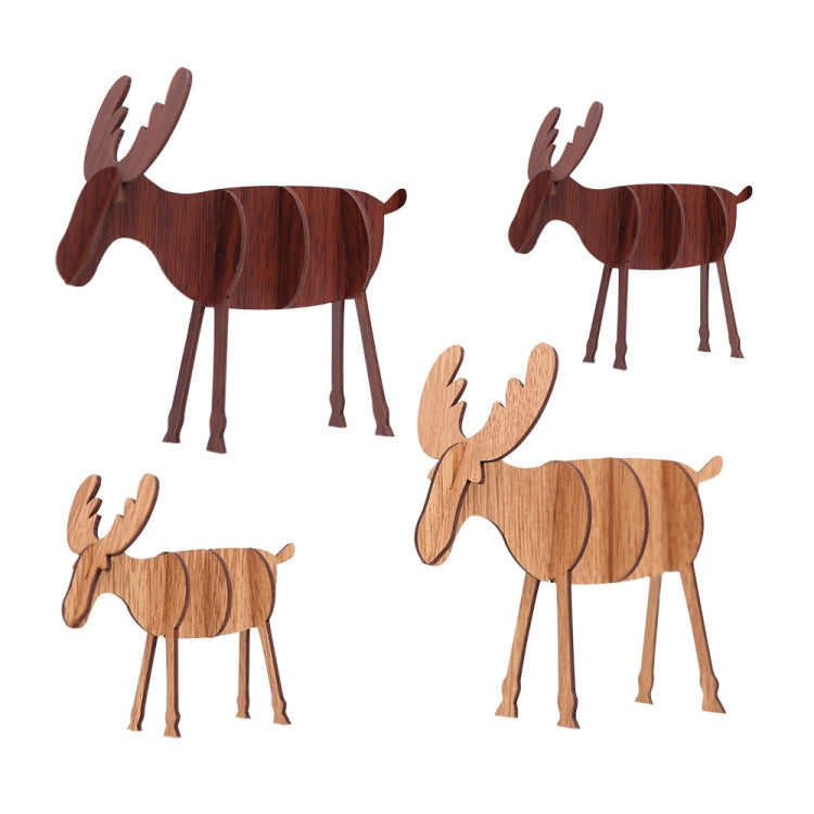 Wooden elk decoration set shown as four standing cutouts in light and dark finishes