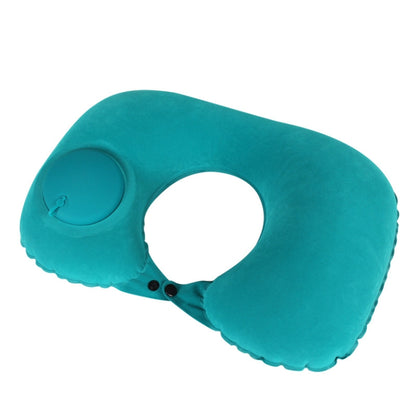 Peacock green inflatable U-shaped neck pillow with valve and circular headrest pad