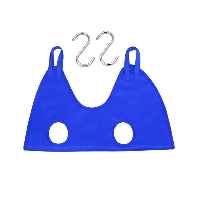 Blue pet grooming hanging hammock with round holes and two metal S hooks