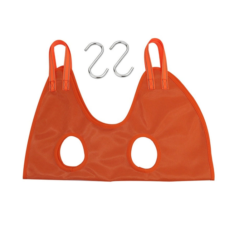 Orange pet grooming hanging hammock with round holes and two metal S hooks