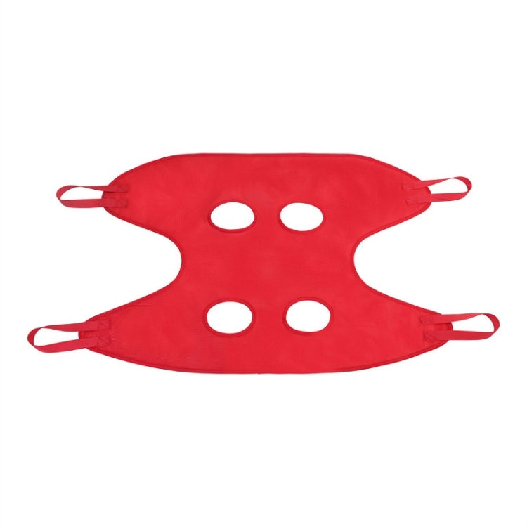 Red polyester pet grooming hammock with four straps and four round openings