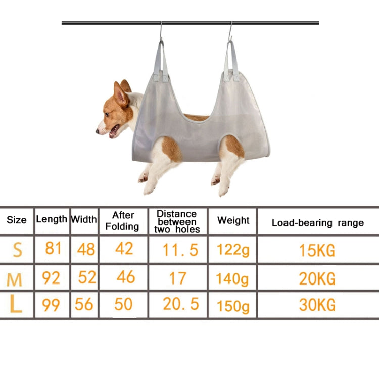Pet grooming hanging hammock size chart for S, M, L dimensions and load range