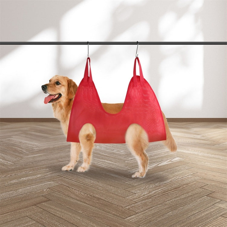 Red hanging polyester pet grooming hammock with two straps and round openings