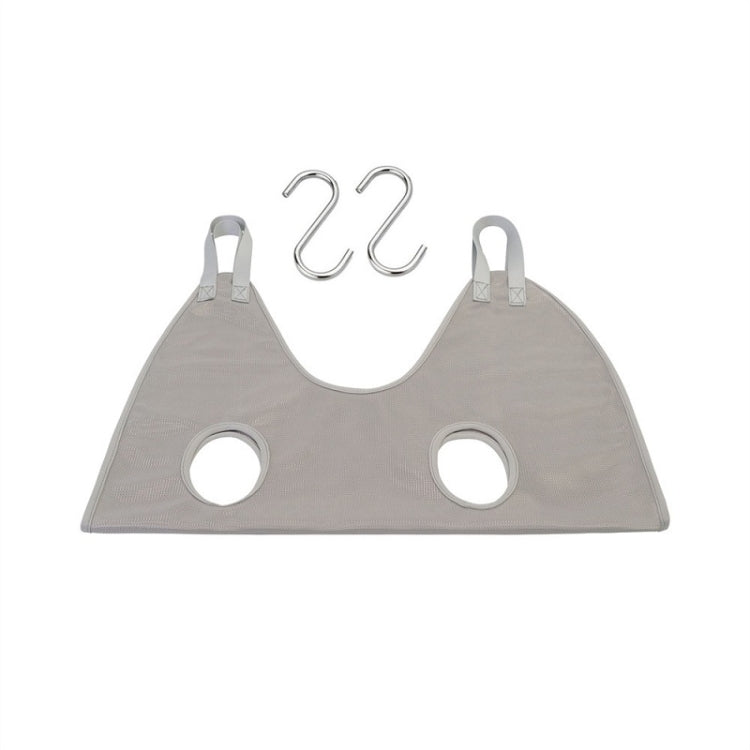 Gray polyester pet grooming hammock with two circular holes and hanging S hooks