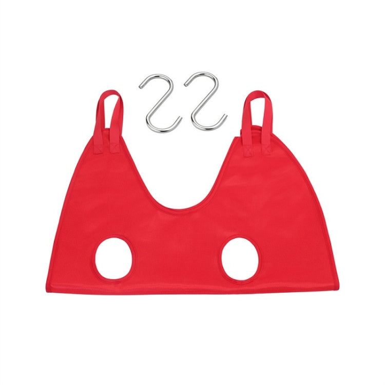Red polyester pet grooming hanging hammock with two metal hooks and two round holes