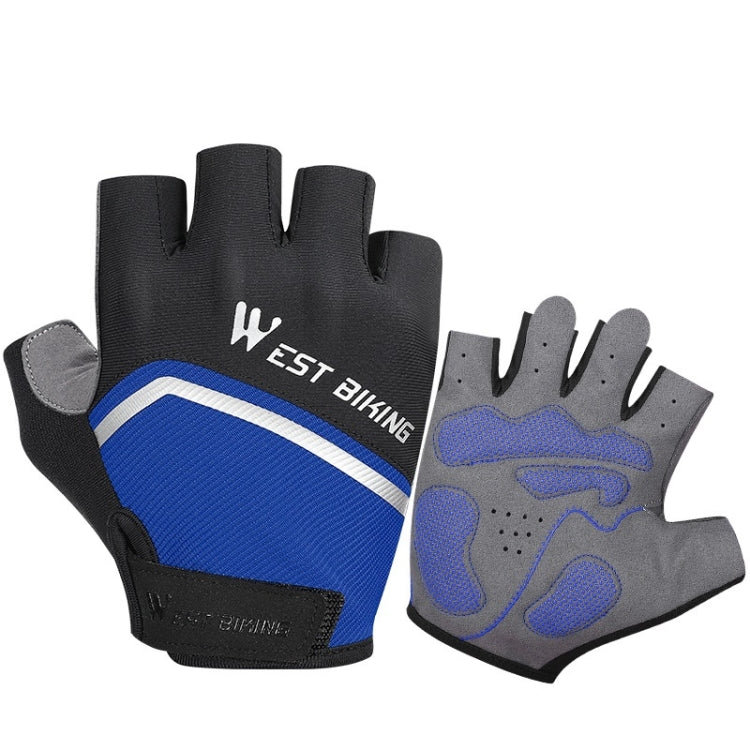 Bicycle riding shock-absorbing half-finger gloves in black with blue stripe and padded palm
